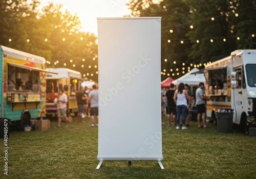 Empty White Advertising Banner at a Summer Street Food Fair, Banner Mockup