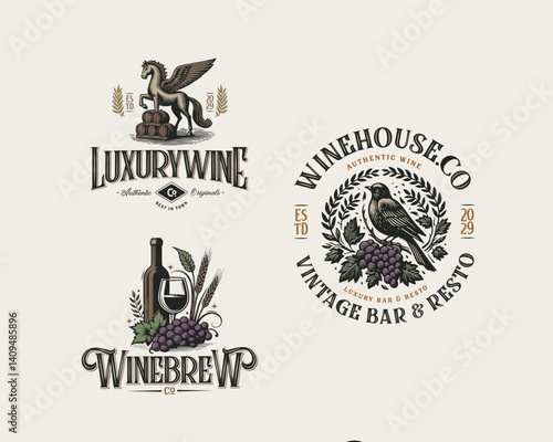 Vintage classic luxury Wine Brewery logo template for bar and restaurant