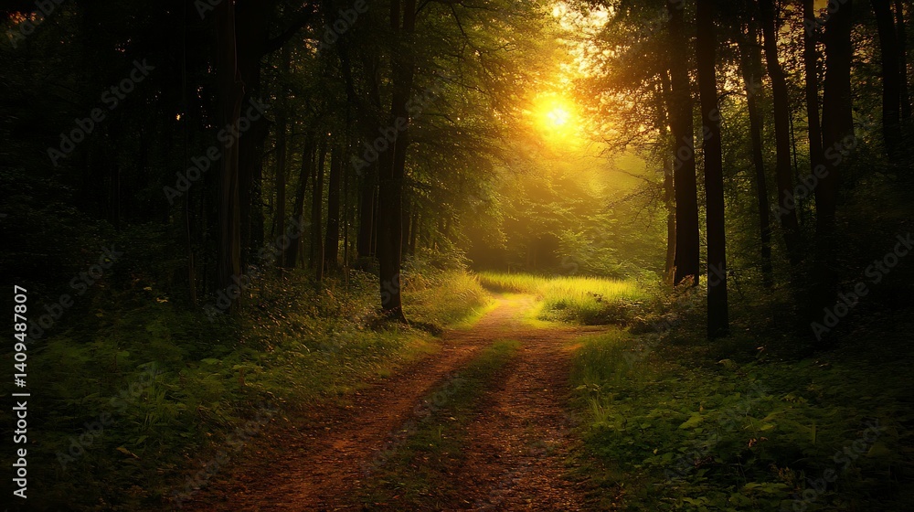 Sunlit Forest Path Through Dense Green Trees and Foliage during Daytime