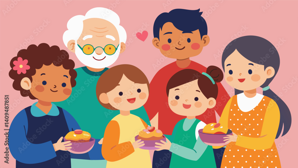 From young children to elderly grandparents guests of all ages come together to celebrate and enjoy the delicious sopes made with love.. Vector illustration From young children to elderly grandparents guests of all ages come together to celebrate and enjoy the delicious sopes made with love.. Vector illustration