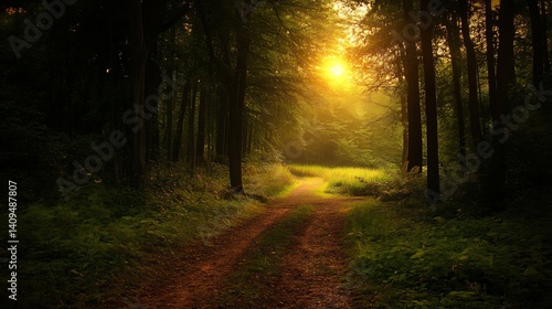 Obraz na płótnie Sunlit Forest Path Through Dense Green Trees and Foliage during Daytime w salonie