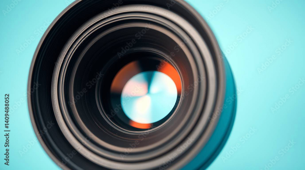 A camera lens on a pastel sky blue background – Generative AI A camera lens on a pastel sky blue background – Generative AI