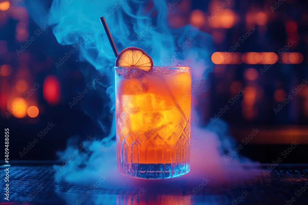 Orange cocktail with ice and garnish surrounded by blue smoke in a bar. Orange cocktail with ice and garnish surrounded by blue smoke in a bar.