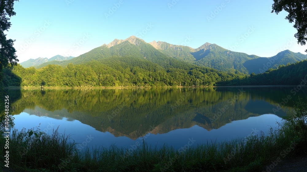Fototapeta premium Serene mountain lake reflecting a vibrant forest canopy.
