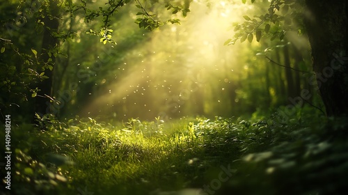 Obraz na płótnie Sunlit Forest Path with Green Foliage and Light Rays Creating a Peaceful Scene w salonie