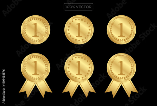 Gold medal award, number 1 prize set, golden first place winner trophy. vector template