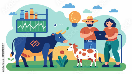 Livestock farmers using AIpowered data analysis to optimize their programs selecting the healthiest and most genetically strong animals for reproduction.. Vector illustration
