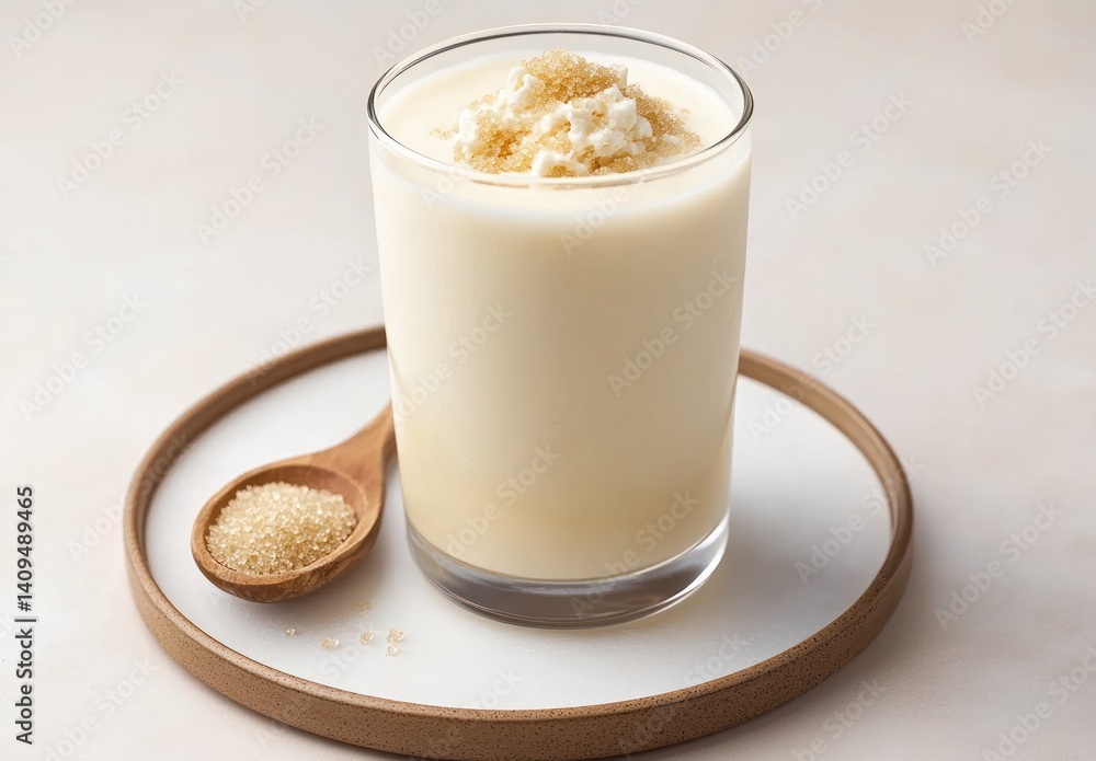 Glass of white smoothie with topping on a tray with a spoon. Glass of white smoothie with topping on a tray with a spoon.