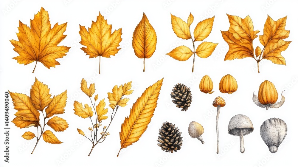 Fototapeta premium Autumn leaves pattern seamless print wallpaper, paper, stationery. Autumn leaves set fabric texture. Yellow leaves isolate.