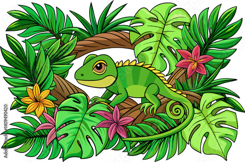 Tropical palm leaves, lizard botanical frame. Exotic jungle banner. iguana on the tree