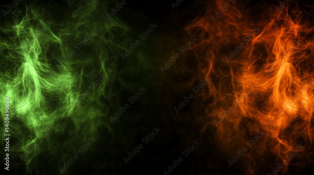 Green and orange ethereal smoke formations against a dark background. Green and orange ethereal smoke formations against a dark background.