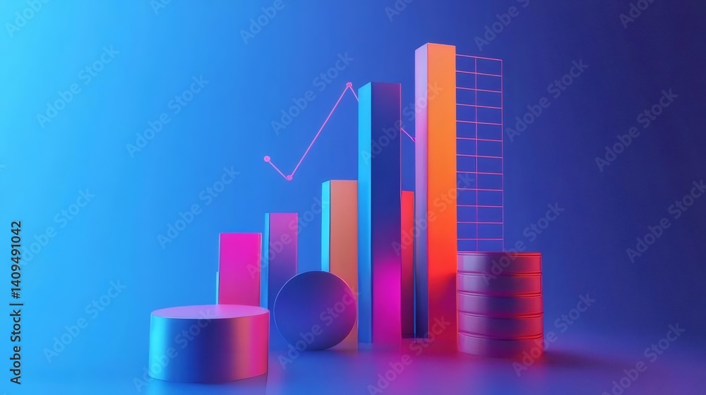 Abstract Visualization Of Data Analysis With Colorful Geometric Shapes On Blue Backdrop Abstract Visualization Of Data Analysis With Colorful Geometric Shapes On Blue Backdrop
