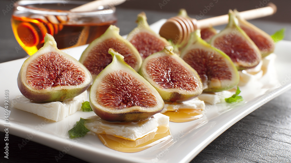 Fresh figs sliced open, drizzled with honey, on cheese Fresh figs sliced open, drizzled with honey, on cheese