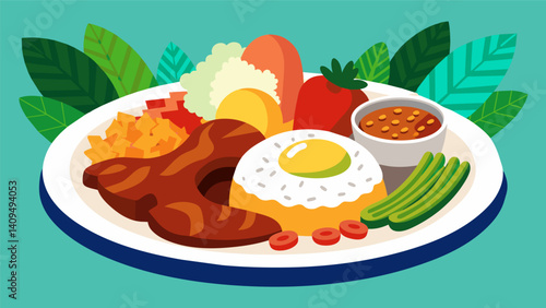 Amidst the bustle of the lively gathering a comforting plate of rice beans and grilled meats brings a sense of warmth and togetherness to the Colombian bandeja paisa feast.. Vector illustration