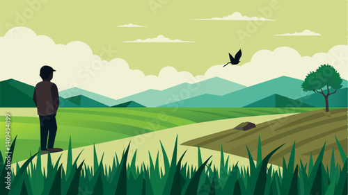 I stand on the edge of an empty rice paddy its eerie emptiness punctuated only by the occasional caw of a desperate bird searching for water.. Vector illustration