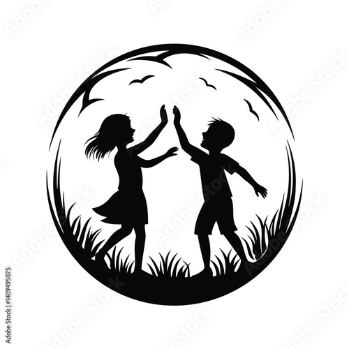Silhouette Children High Five, Boy and Girl Hands, Circle Frame, Grass, Birds, Black, White