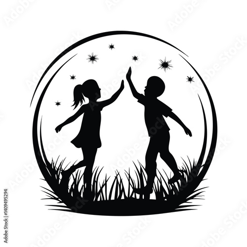 Silhouette Boy and Girl HighFive, Stars, Grass, Black and White Abstract