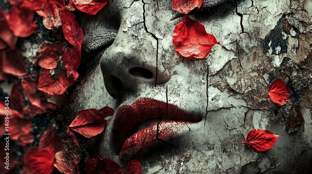 Textured Face With Red Lips And Autumn Leaves Overlay in Artistic Composition