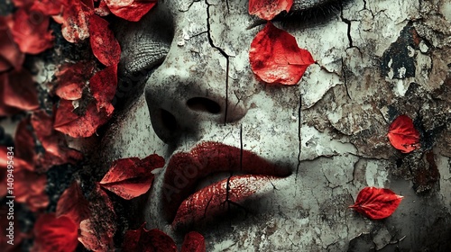 Obraz na płótnie Textured Face With Red Lips And Autumn Leaves Overlay in Artistic Composition w salonie