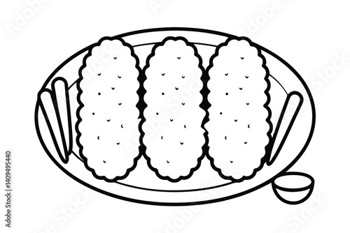 Black And White Line Art Of Crispy Chicken Nuggets With Fries And Sauce On A Plate Isolated
