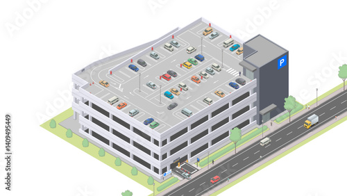 アイソメトリック図法で描いた自走式立体駐車場のイメージ / Multistory-parking lot. Isometric illustration