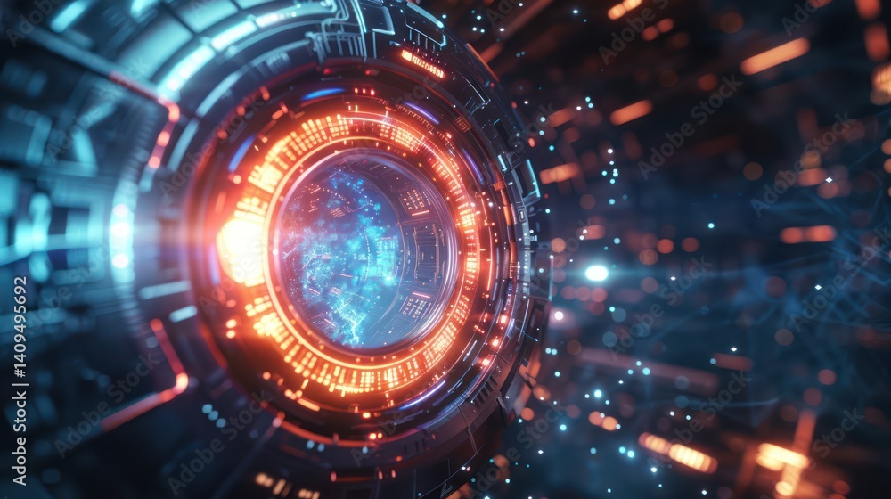 Obraz premium Futuristic time machine concept with a glowing portal and advanced technology.