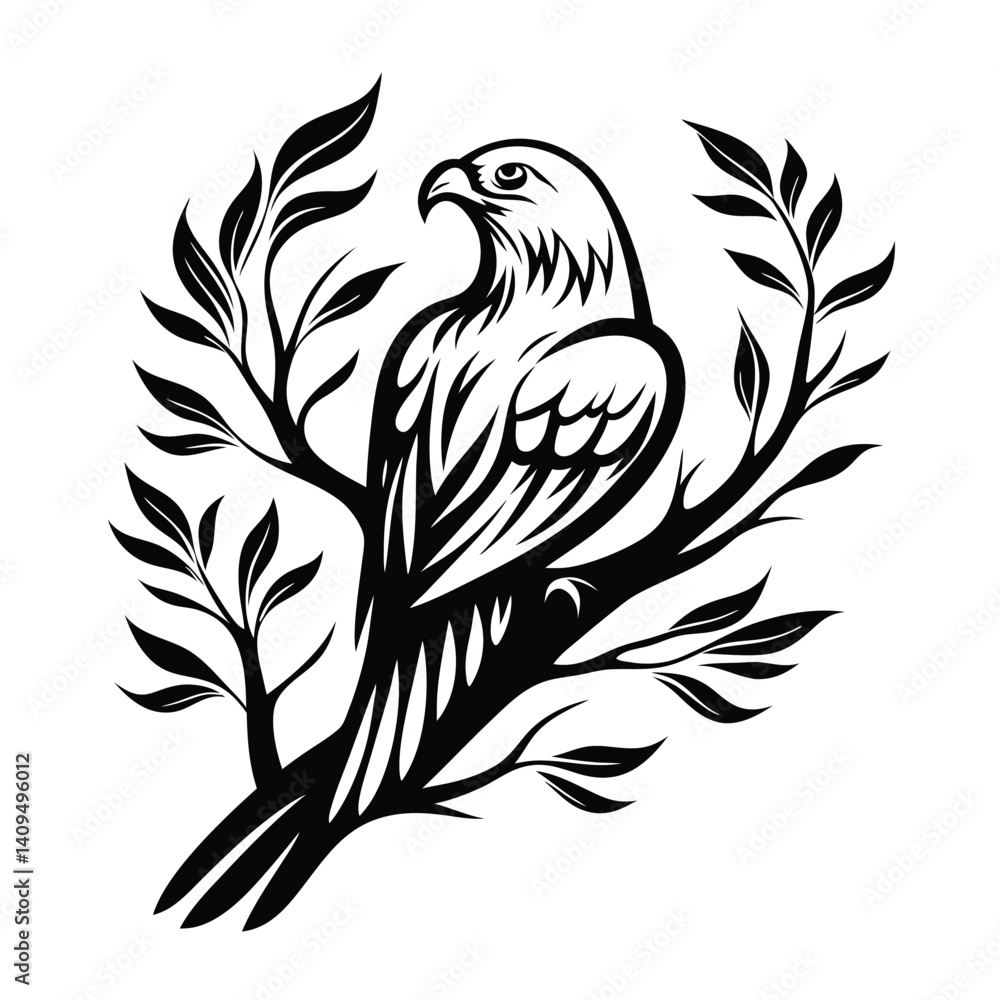 Obraz premium Silhouette of a Hawk Bird perched on leafy Tree Branch in Black and White Color