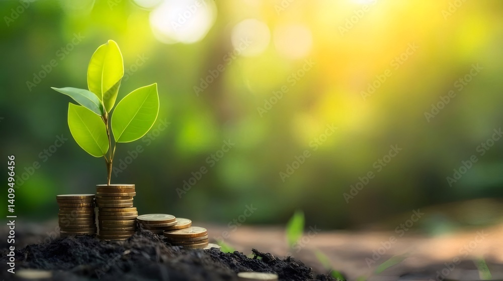 コインタワーから生える緑色の葉の植物 太陽光の下の土壌に立つ金貨 コインタワーから生える緑色の葉の植物 太陽光の下の土壌に立つ金貨