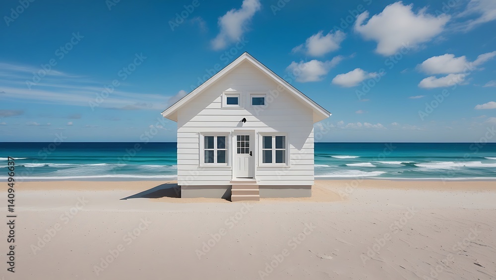 A small white house located on a sandy beach, with waves gently lapping at the shore in the background A small white house located on a sandy beach, with waves gently lapping at the shore in the background
