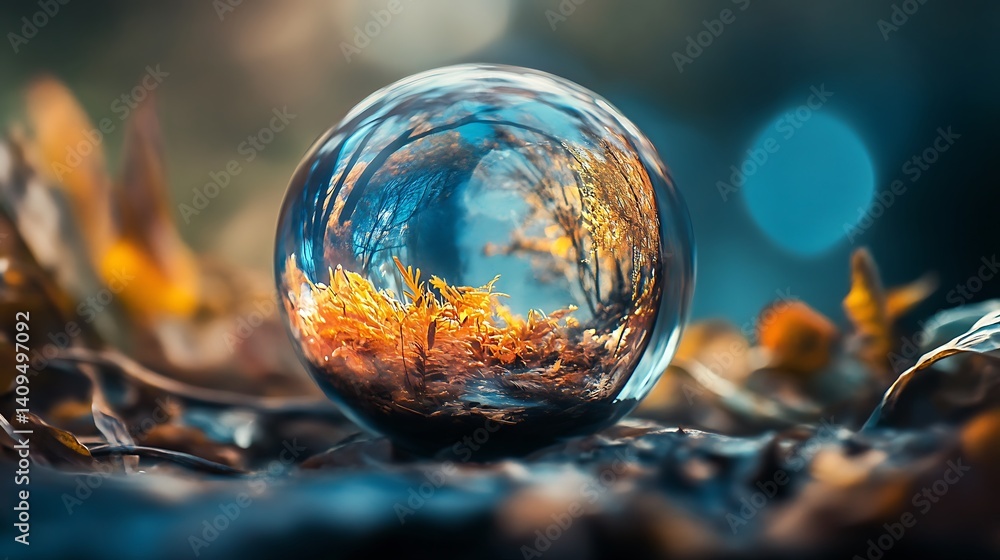 Transparent Glass Sphere Reflecting Autumnal Scene on Brown Leaves Background