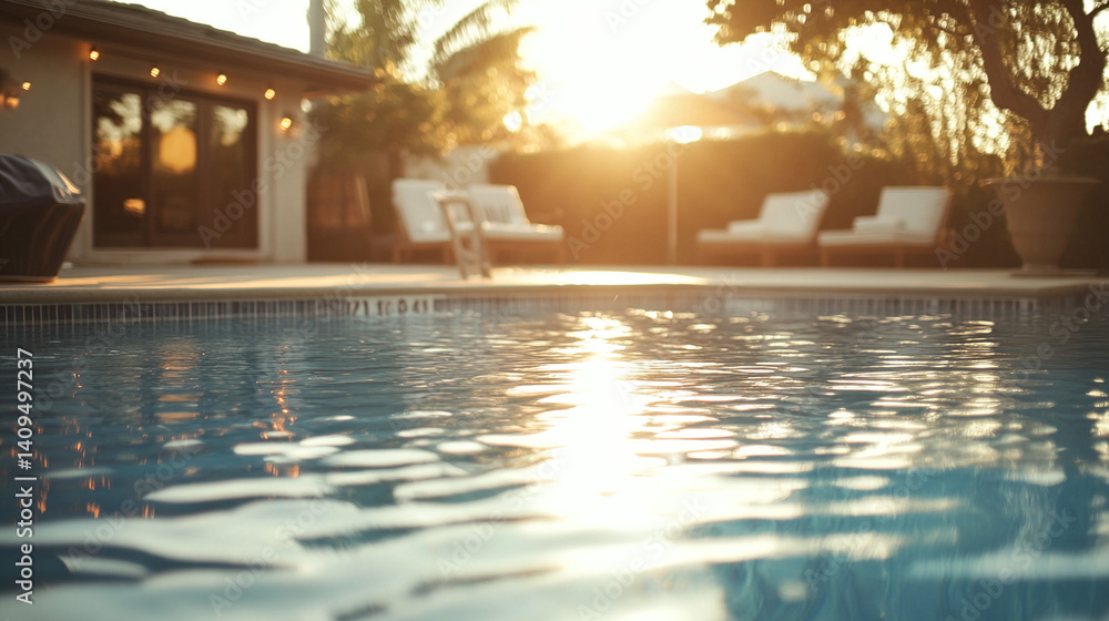 Obraz premium A tranquil home garden pool under natural sunlight, soft surroundings blurring into serenity. Peaceful outdoor retreat.