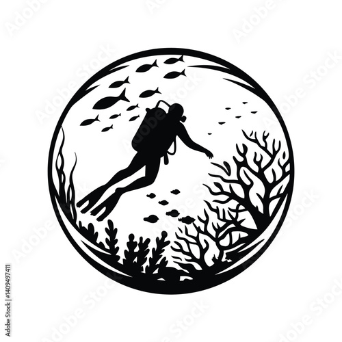 Silhouette Diver Amongst Coral Reef, School of Fish, Marine Life, Circular Art