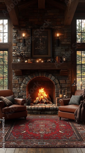 Cozy Living Room Mobile Wallpaper with Stone Fireplace Leather Chairs and Warm Lighting

