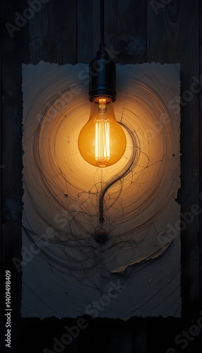 A glowing light bulb rests on a sheet of paper, casting a warm, soft glow that highlights the paper's texture and edges in a dimly lit setting.