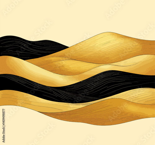 Abstract gold and black wavy sand dunes on beige