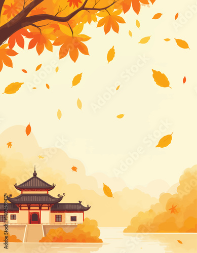Autumn leaves falling near Asian temple by water