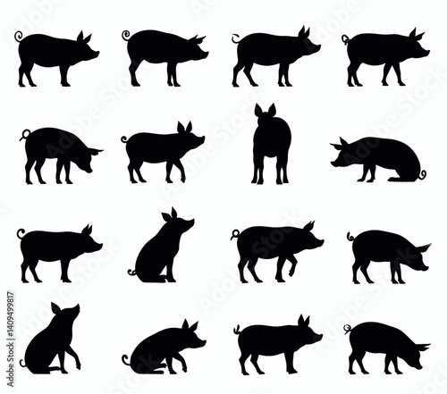 Black Pig Silhouette Collection on White Background