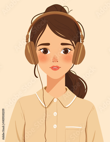 Brunette woman with headphones and collared shirt