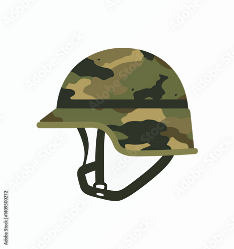 Camouflage military helmet with chin strap