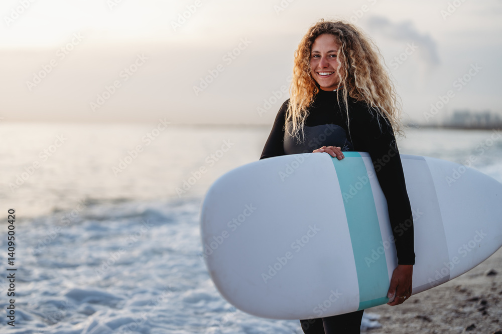 Woman with surfing board at beach, sea and ocean for summer holiday, travel adventure or hobby.