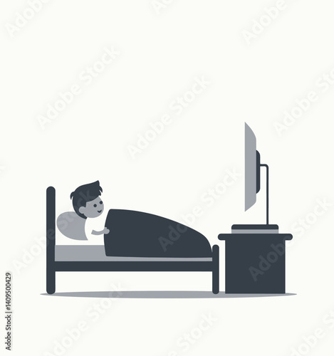 Cartoon boy in bed watches TV on nightstand