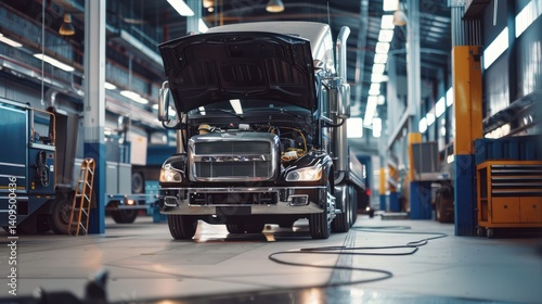 Semi-truck with open hood undergoing maintenance at a service bay.