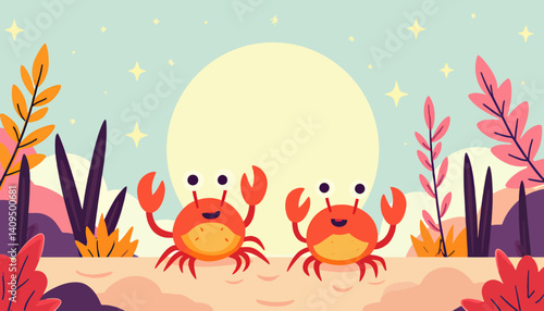 Cartoon crabs with big eyes on a floral beach background