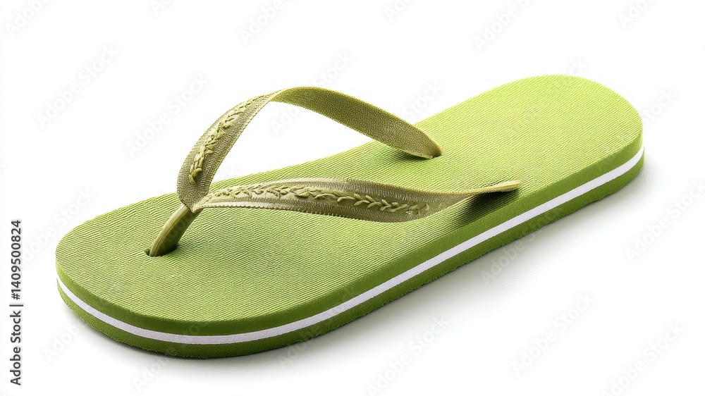 Fototapeta premium Green flip-flop sandal on a white background; casual footwear for warm weather.