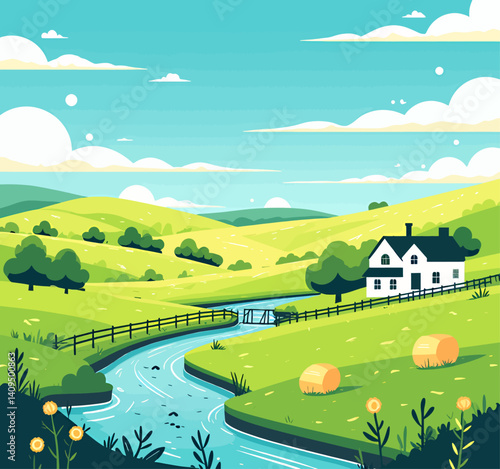 Cartoon Farmhouse by River with Hay Bales and Green Fields