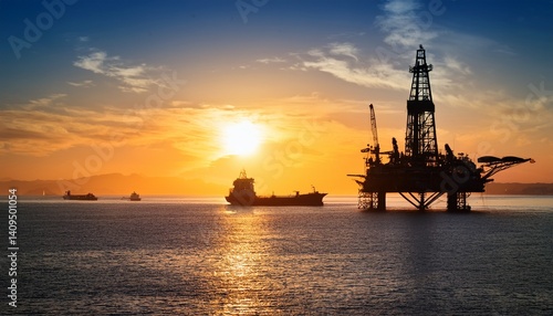 Silhouette of oil rig at sunset with ship nearby.