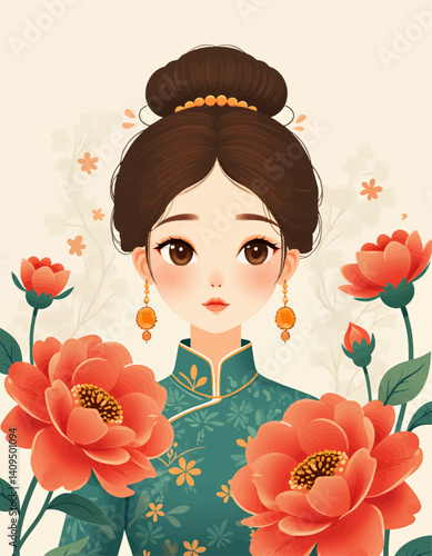Cartoon girl in qipao dress with orange peony flowers