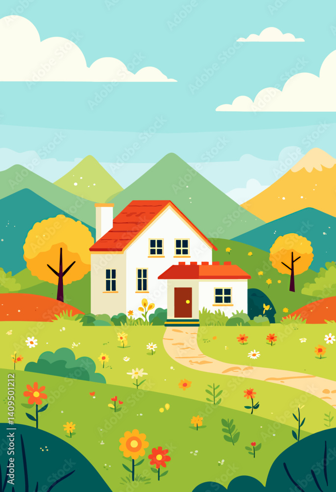 Cartoon House with Red Roof in Green Mountain Landscape Cartoon House with Red Roof in Green Mountain Landscape