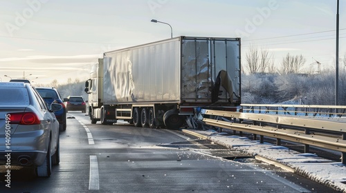 Semi-truck jackknifed on a highway causing traffic delays.