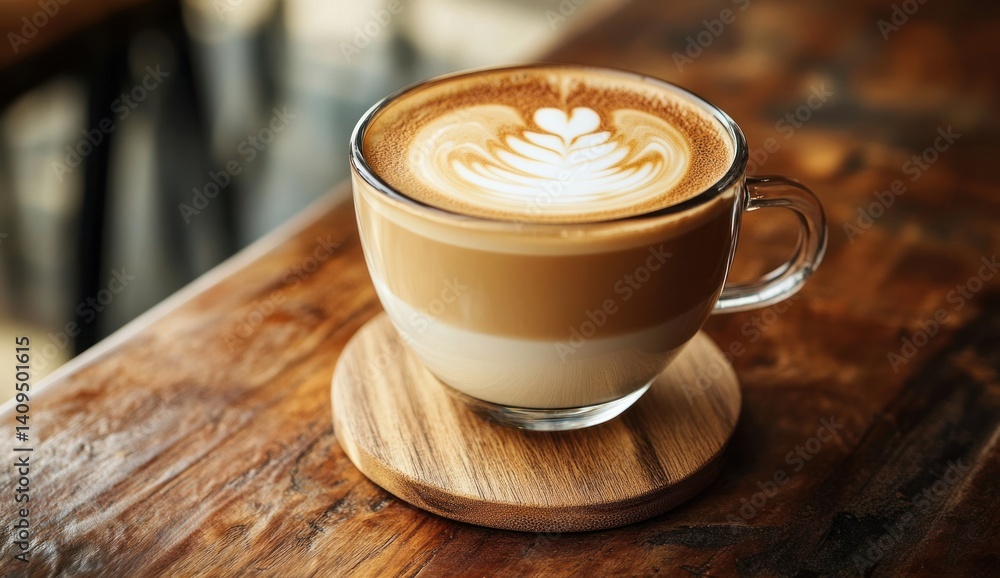 Glass cup of latte with art on wooden coaster and table. Glass cup of latte with art on wooden coaster and table.